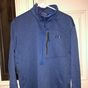 Blue and black north face jacket